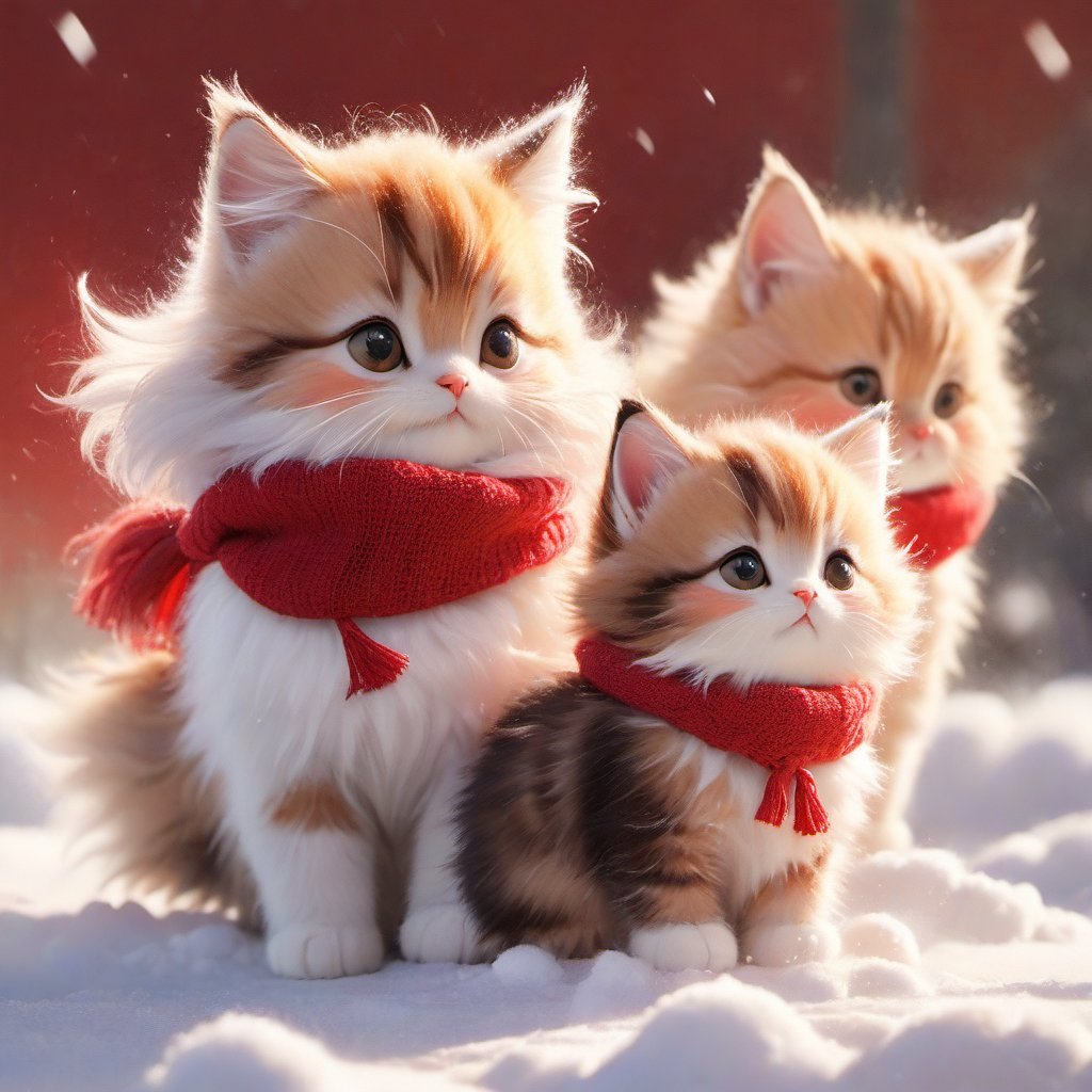 Xxmix_Catecat,three cats,playing,red theme, long fur