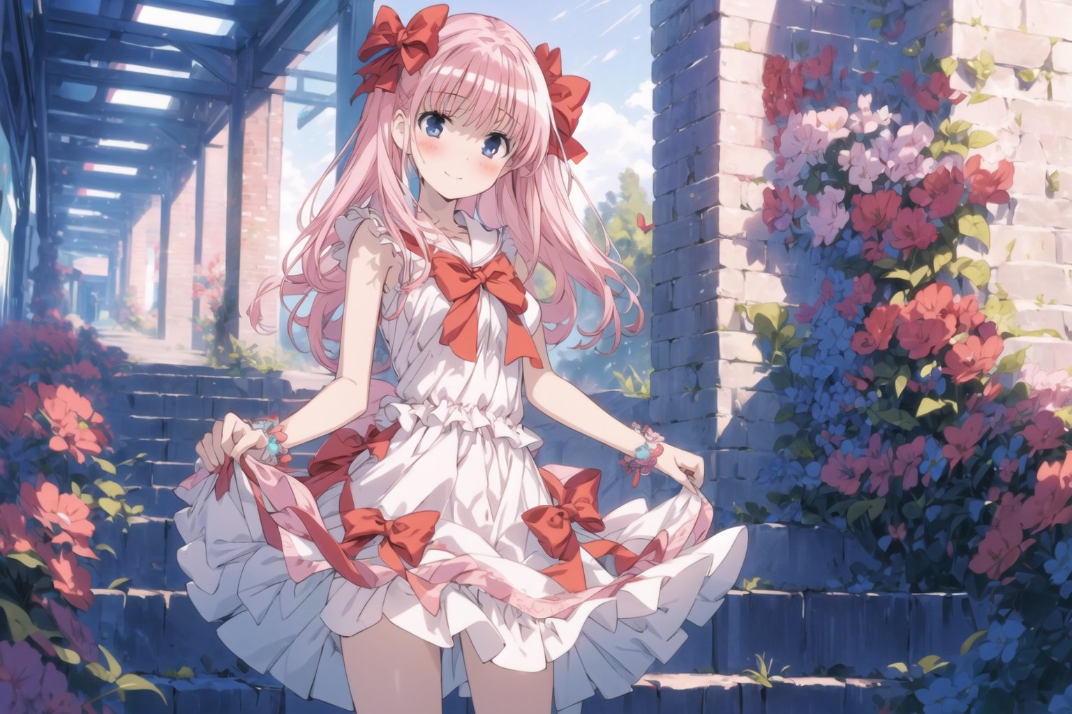 (masterpiece), (solo: 1.2), female_focus, smile, Sweet Lolita fashion, kawaii elements, lace and bow embellishments, pastel color palette (pink, blue, pale yellow), high-waisted silhouette, knee-length skirt, 'doll dress' style, lace-trimmed petticoat, adorable and innocent, Lolita fashion staple, (long hair: 1.2), hair flower, 1girl, (blush: 1.2), head tilt,nodoka haramura