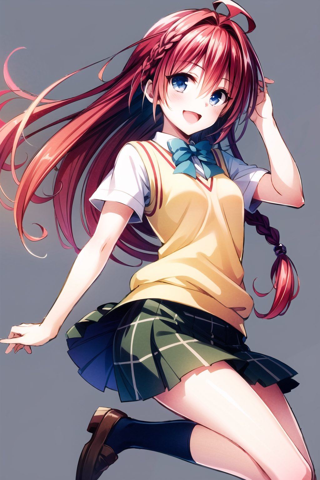 1girl, kurosaki meia, solo, long hair, school uniform, blue eyes, braid, skirt, very long hair, open mouth, red hair, sweater vest, smile, hair ornament, white background, socks, simple background, ahoge, full body, :d, loafers, pleated skirt, shoes, single braid, plaid skirt, looking at viewer