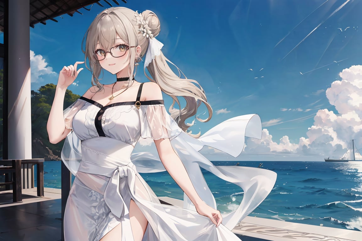 1 girl with glasses, a 20-year-old beautiful girl, dressed coolly, smiling, with a mole under her right eye, long wavy hair, shawl, side ponytail, bun, waist-length hair, gray and white Light brown two-tone long hair, floor-length skirt, light-colored short sleeves, off-shoulder, two white ghosts, the same color as the sea and the sky,,,,        