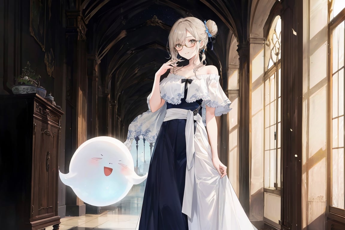 1 girl with glasses, a 20-year-old beautiful girl, dressed coolly, smiling, with a mole under her right eye, long wavy hair, shawl, side ponytail, bun, waist-length hair, gray and white Light brown two-tone long hair, floor-length skirt, light-colored short sleeves, off-shoulder, two white ghosts, the same color as the sea and the sky,,,,        