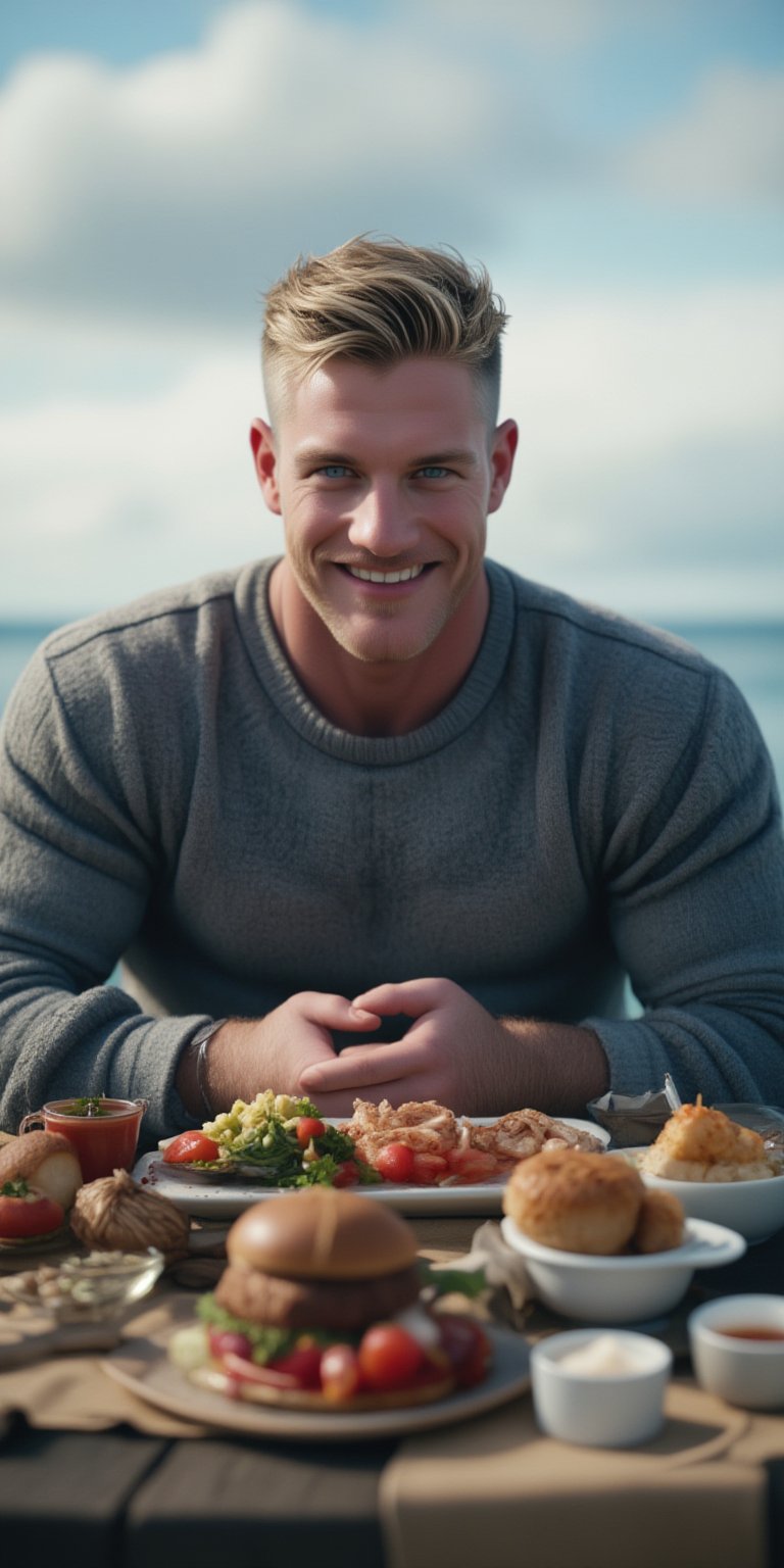 HIGHRES, REALISTIC IMAGE OF DANIEL, A MASCULINE MUSCULAR BRITISH MALE MAN, AT THE BEACH, PALE BLONDE SHORT HAIR, BLUE EYES, FACIAL HAIR, WEARING MASCULINE SWEATER, (AT THE TABLE WITH FOOD IN ALASKA), AURORA, SNOWING, JOY, MASTERPIECE, HIGH QUALITY, COLORFUL, DEPTH OF FIELD, NATURE, SKY, 