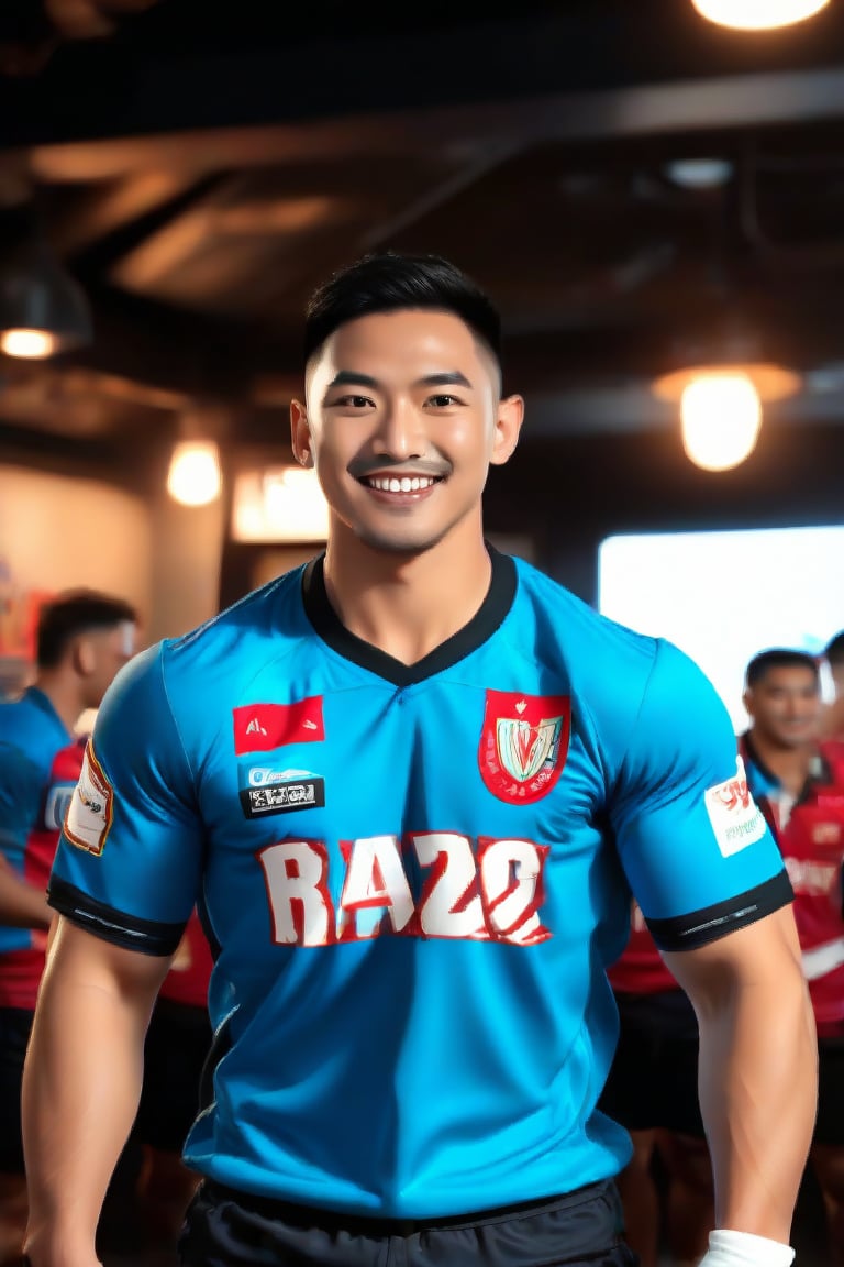 (exceptional masterpiece, only realistic, best quality), professional photo image of the best perfect perculiar handsome muscular masculine man cheering in dynamic pose, dynamic view, his intricate realistic highly-detailed manly asian head hair face facialhair, he has sun-kissed skin, blushes, muscular, wearing rugby shirt on,rugby shorts on, celebrating, uhd, realism, photorealistic, faded team mates in the pub background, majestic, matte, incredible perfect image, very original, blue-eyes, Syahnk