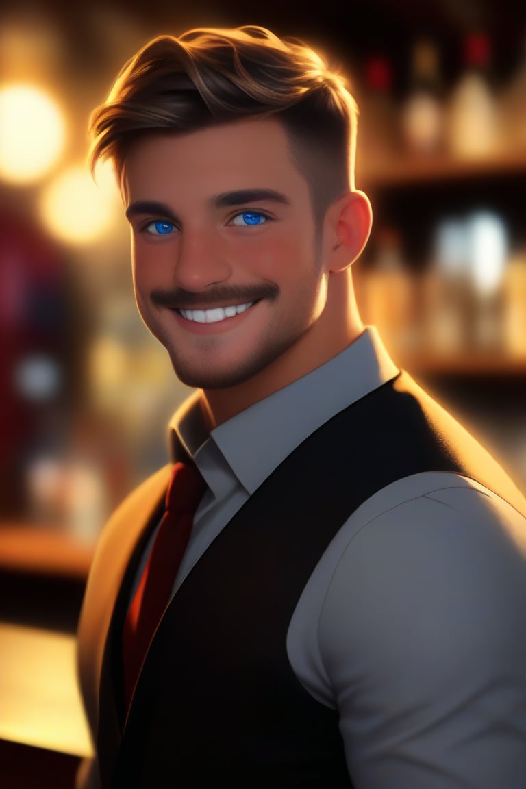 Ollie's Alluring Smile: A realistic masterpiece captures Ollie, a handsome English male, standing in a dimly lit pub with a faded background. He sports short hair and facial hair, his blue eyes locked onto the viewer with charismatic charm. Wearing casual attire, Ollie's blushing cheeks add to his endearing appearance, showcasing symmetry in every angle. The matte finish and high-definition quality bring forth an epic, original, entertaining, vivid, and alive image, inviting the viewer into his captivating presence.