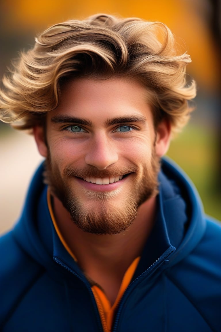 (masterpiece, only realistic, best quality), absurdperfect photo of a handsome masculine Welsh man called herin, he has short wavy hair flowing with the wind, long beard, wearing masculine tracksuit, outdoors, exceptional professional portrait, uhd, incredibly absurdres, symmetry is excellent, vibrant, colorful, joyful, realism,