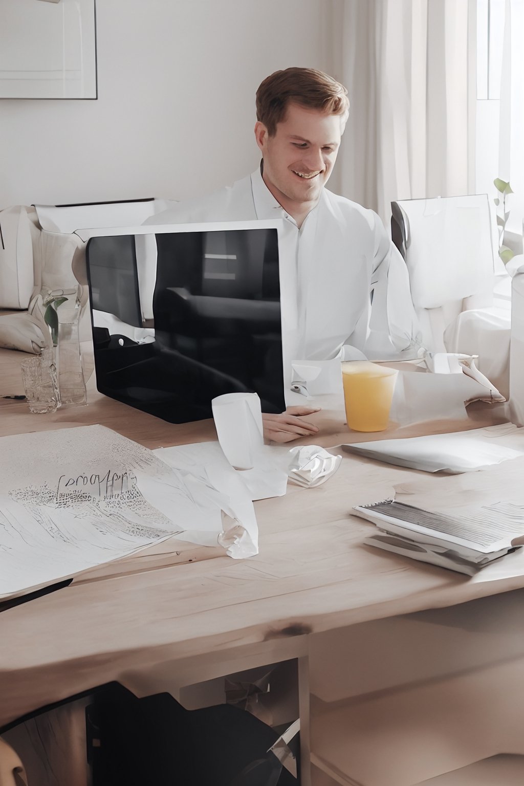 Portrait of a perfectly-shaped realistic man Smiling Handsome Gingerbearded Canadian Man Working from Home on a Laptop Computer in Sunny Cozy Apartment. Successful Male Entrepreneur Does Remote for e-Business Project, uhd, wearing well-rendered fully clothed, rendered in SFM, Cinema 5d, movie still, highres image scan, firm focus, normal life, associated press, Online Shopping, a shutterstock smooth clear clean vibrant image masterpiece,HIGHLY DETAILED,mike zacharias