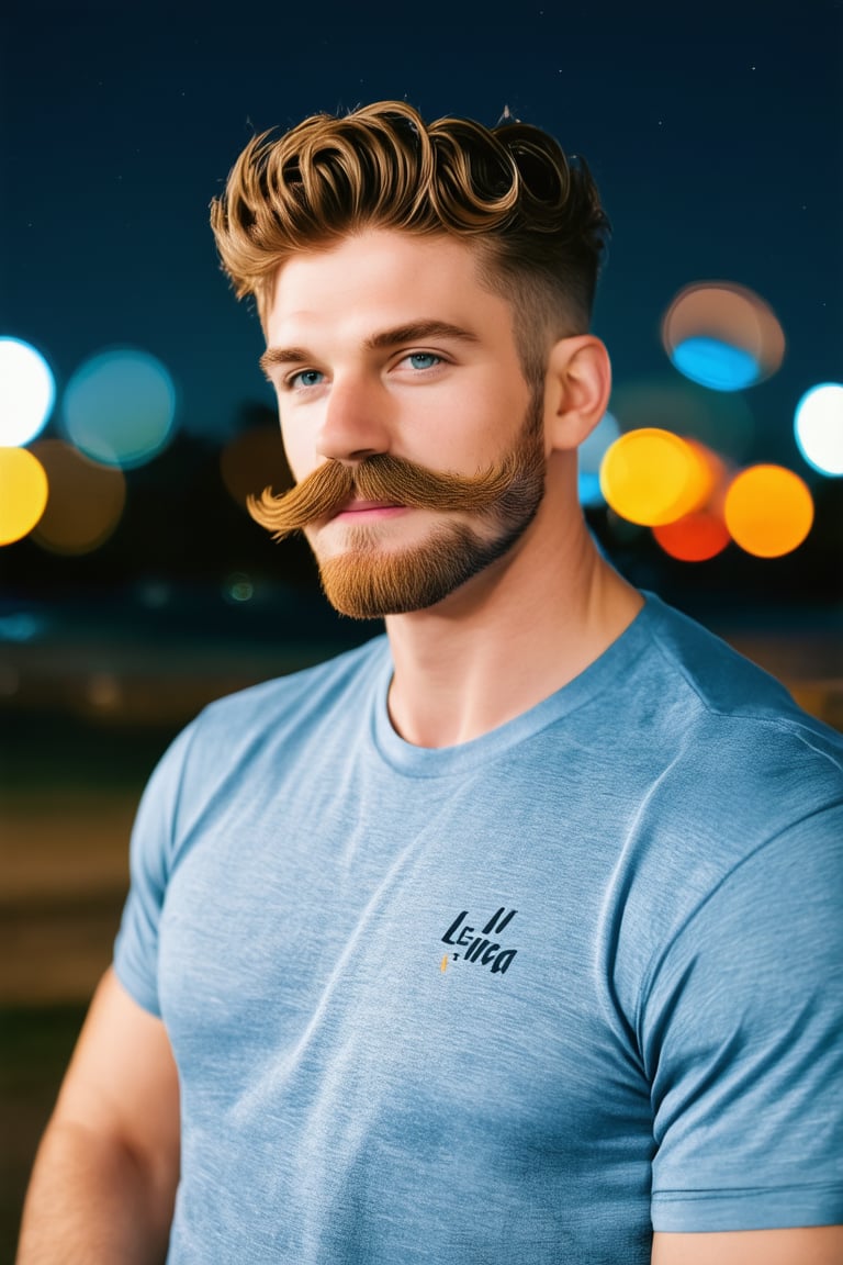 realistic professional photo image of a man, handsome lad, short wavy hair, pincel mustache, portrait, dramatic backlighting, realistic, exceptional masterpiece, bokeh, outdoors, night, perfect, highres, high-quality, high-definition, leica 65mm, 