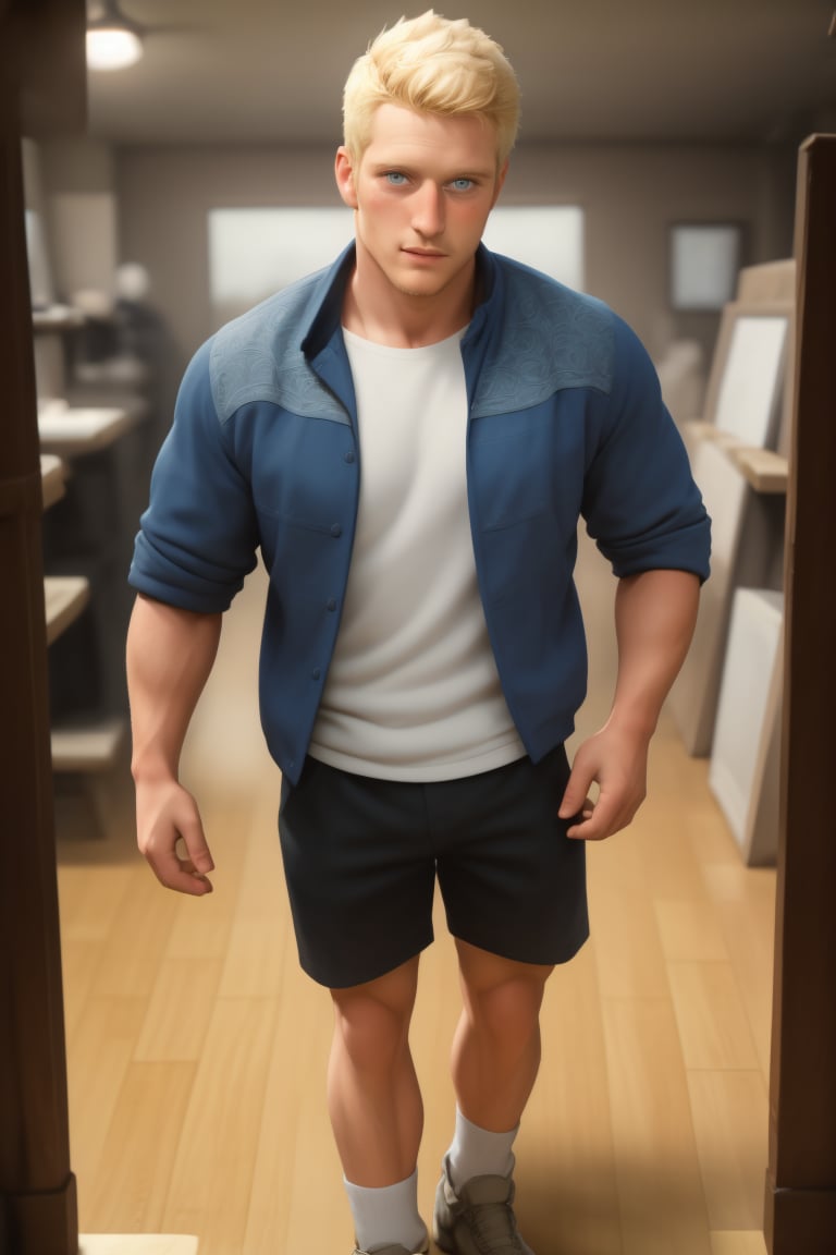 Ryder stands confidently in a well-lit, indoor setting, his blonde hair and facial hair immaculately groomed. His piercing blue eyes seem to pierce through the camera lens as he wears an open jacket, undershirt, shorts, socks, and sneakers. The vibrant colors of his outfit pop against the rich wood tones of the intricate shop surroundings. The depth of field creates a sense of intimacy, with Ryder's features sharply in focus while the background fades into soft focus. The high-resolution scan captures every detail, from the subtle textures of his hair to the exceptional craftsmanship of the nearby wooden displays.