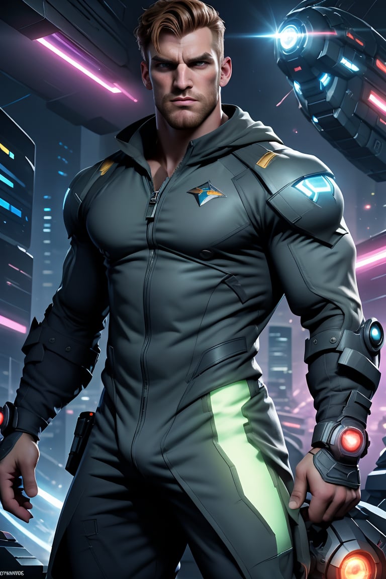 Against a vibrant, futuristic backdrop of neon-lit skyscrapers and hovering spacecraft, a powerful English gentleman stands tall, his brown facial hair and buzz cut hairstyle framing his determined expression. His piercing blue eyes blaze with intensity as he dons massive power armor adorned with glowing generators and beaming lasers. With an unyielding stance, he confronts the alien threat in this high-definition, wide-scoped sci-fi landscape.