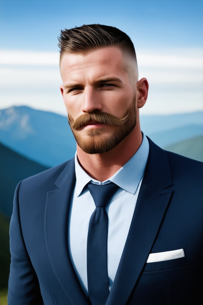 : (masterpiece, only realistic, best quality), absurdperfect professional clear clean smooth sharp focus photo of a handsome masculine man in style, (crew cut hairstyle), stylish pencil mustache, wearing masculine formal clothes on, outdoors, on top of a mountain, stunning nature landscape, sky, exceptional professional dynamic original new newest portrait, uhd, incredibly absurdres, symmetry is excellent, vibrant, colorful, joyful, realism,handsome lad