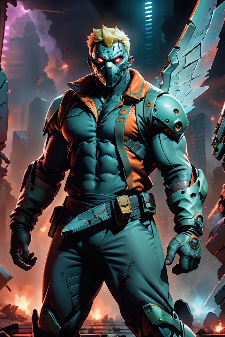 A muscular Englishman stands boldly in a futuristic wasteland, WEARING GLASS MASK, BLONDE Buzz cut hairstyle accentuating his rugged features. His piercing blue eyes gleam THROUGHT THE MASK with determination as he dons massive MASCULINE WINGED NIJI MECHA power armor, its glowing generator pulsing with energy. Lasers blaze from the suit's arms, targeting an otherworldly invasion force. Against a vibrant, high-definition backdrop of neon-lit ruins, this masculine hero assumes a dynamic combat stance, ready to take on the extraterrestrial threat.