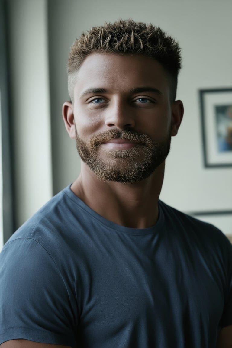 A stunning portrait of a stylish man with dark skin and short hair, sporting a well-groomed beard. He's dressed in modern, trendy attire that exudes masculinity. Framed against the backdrop of an art workshop, he's lost in creative expression, a smile of happiness spread across his face. The shallow depth of field isolates him from the surroundings, drawing focus to his confident demeanor. Softly lit with a matte finish, this high-resolution masterpiece radiates artistic excellence and originality.