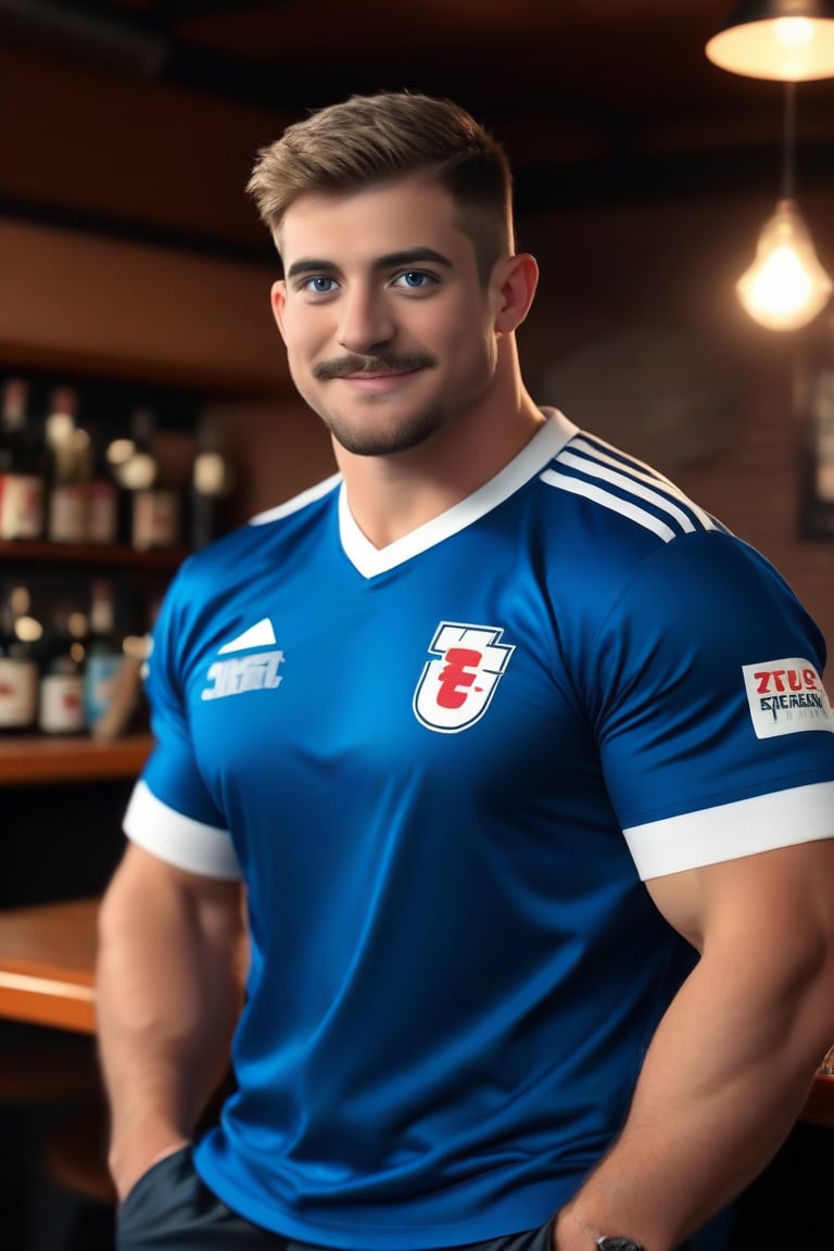 his name is ollie, ollie is handsome plump muscular English man, wearing rugby uniform, he has brow facial hair, short hair, blue-eyes, blushes,  he is in the pub, uhd, realistic, masterpiece, team mates in the faded background, hyper-realistic, professional photo, highres, high-definition, exceptional masterpiece, realism, photorealistic,