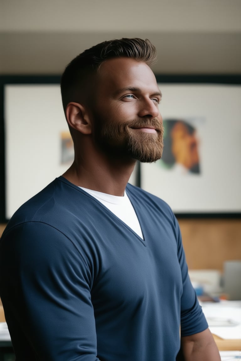 A stunning portrait of a stylish man with dark skin and short hair, sporting a well-groomed beard. He's dressed in modern, trendy attire that exudes masculinity. Framed against the backdrop of an art workshop, he's lost in creative expression, a smile of happiness spread across his face. The shallow depth of field isolates him from the surroundings, drawing focus to his confident demeanor. Softly lit with a matte finish, this high-resolution masterpiece radiates artistic excellence and originality.