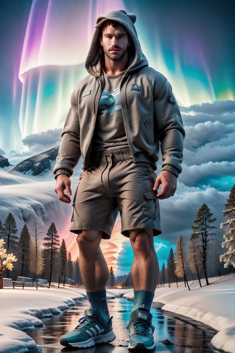 A majestic, masculine figure stands tall on a snowy landscape, surrounded by an ethereal aurora boreal. He's dressed in a perfect blend of modern and rustic attire: a hooded cotton jacket, collared shirt, shorts, socks, and sneakers. A beanie sits atop his head, adding to the relaxed vibe. His expression radiates joy and contentment as he takes in the breathtaking scenery. The snowflakes gently fall around him, casting a dynamic, colorful glow on the ice beneath. The cold atmosphere is palpable, yet the overall feeling is one of serenity and majesty. In this exceptional, realistic portrayal, every element – from the subject's smooth, matte complexion to the snow-covered landscape – comes together to create a truly breathtaking masterpiece.