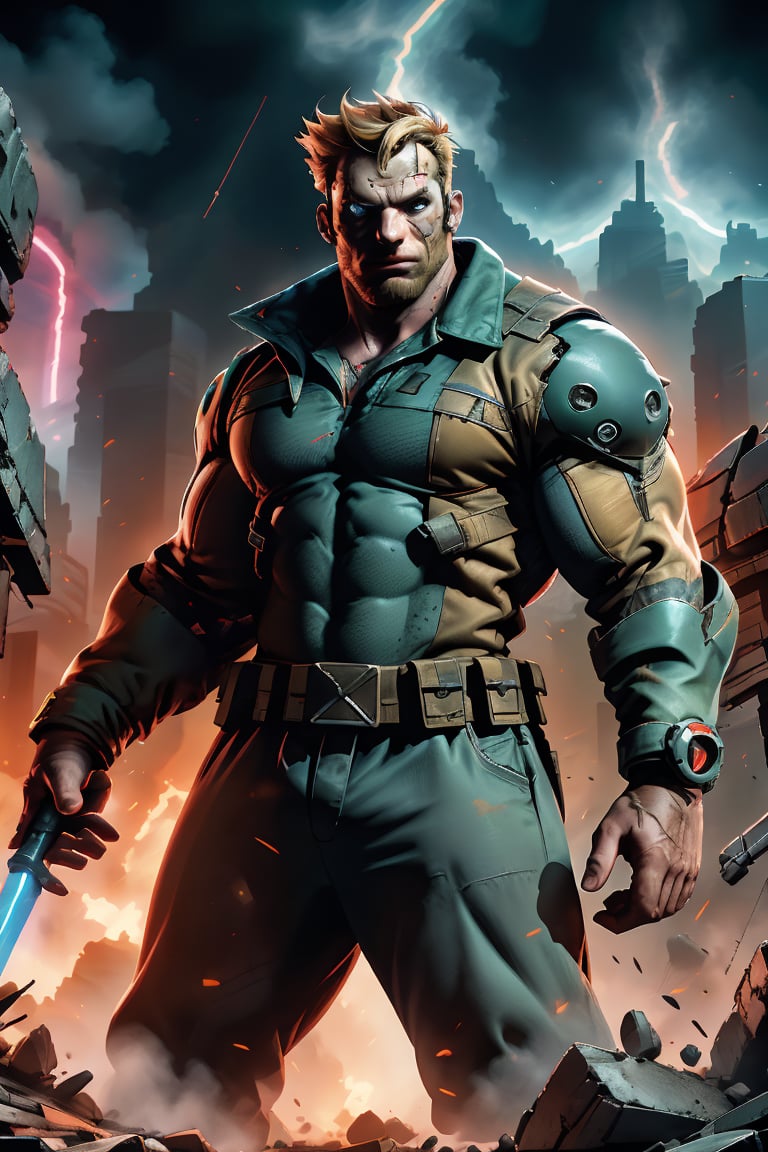 A muscular Englishman stands triumphantly amidst a ravaged futuristic wasteland. The brown facial hair and buzz cut hairstyle accentuate his rugged features as he dons massive power armor, its pulsing generator casting an industrial glow. His piercing blue eyes gleam with determination as he assumes a dynamic combat stance, lasers blazing from the suit's arms targeting an otherworldly invasion force amidst vibrant neon-lit ruins.