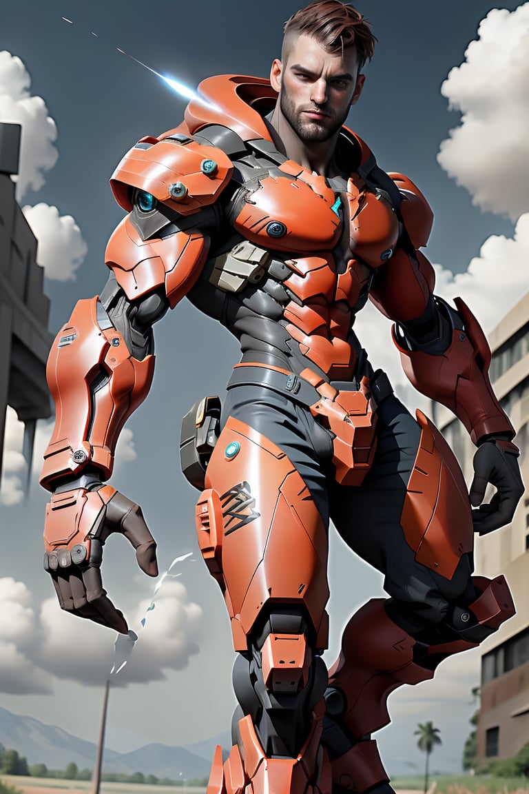 SOLO FOCUS OF ONE sHAWN the English cyborg, soars through the air in his colossal mecha armor, SHORT BROWN HAIR, FACIAL HAIR, BLUE EYES, EXTREMELY BULKY MUSCULAR,  whipping back as he banks to the side. His massive cybernetic feet leave a trail of motion blur behind him against the vibrant sky. HE HAS red and LED-patterned arms stretch outwards, cel-shaded colors shining in high-definition UHD. The suit's mechanical limbs flex with realistic movement, showcasing intricate armor plating and subtle texture on his synthetic skin, ((SYMMETRIC ARMS AND SYMMETRIC LEGS)),