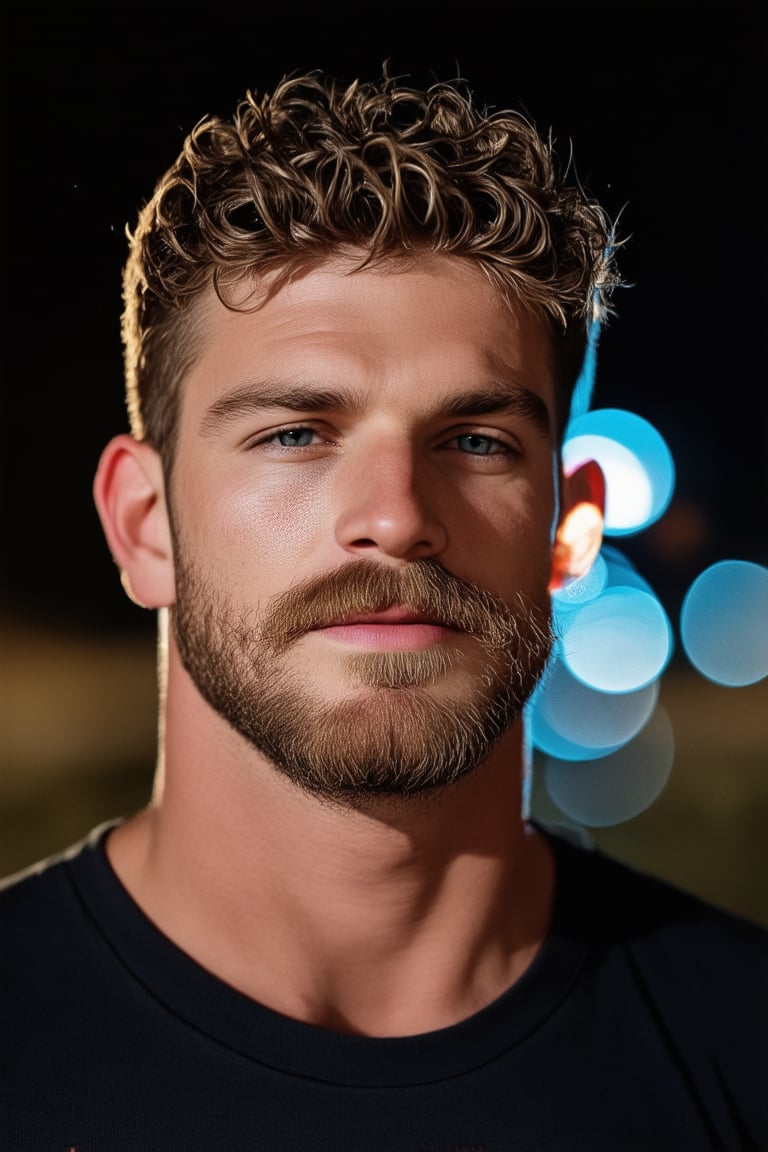 A stunning nighttime portrait of a handsome man, featuring short wavy hair and impeccable facial hair - a perfectly trimmed beard and goatee. Framed by the majestic Leica 65mm lens, the subject's face is bathed in dramatic backlighting, creating a striking contrast with the dark background. The bokeh effect adds a sense of depth and dimensionality to the image. Set against a serene outdoor environment at night, this high-resolution masterpiece exudes perfection in every detail, showcasing exceptional quality and definition.