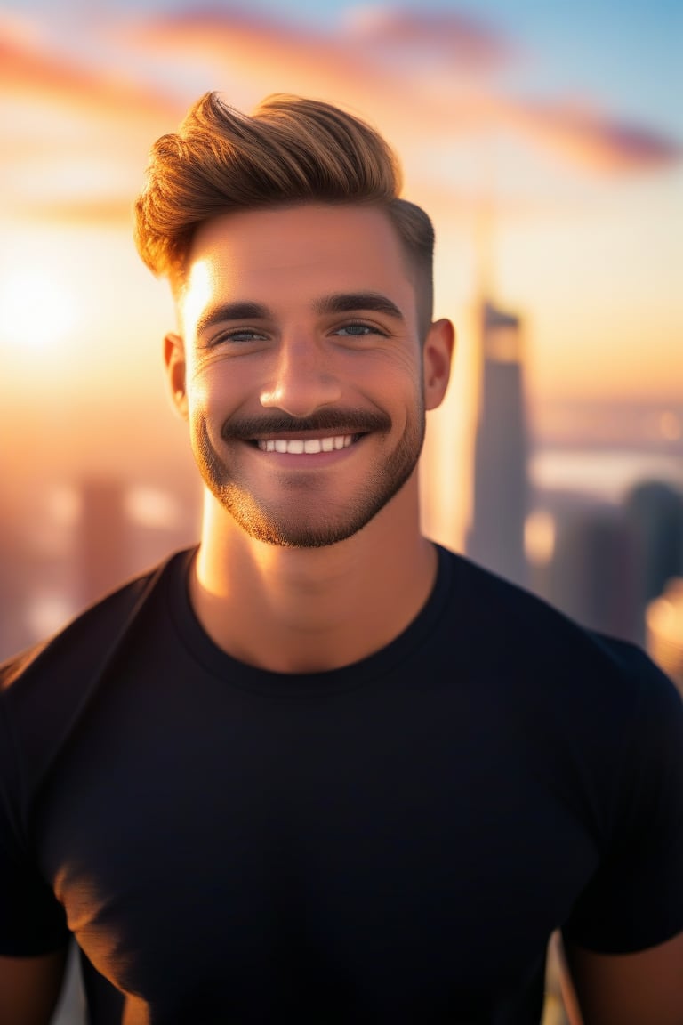  (masterpiece, only realistic, best quality), absurdperfect professional clear clean smooth sharp focus photo of a handsome masculine man called ollie in style, (undercut hairstyle), stylish pencil mustache,  outdoors, on top of a skyscraper, urban city landscape, sky, day, studio lighting, exceptional professional dynamic original new newest portrait, uhd, incredibly absurdres, symmetry is excellent, vibrant, colorful, joyful, realism,