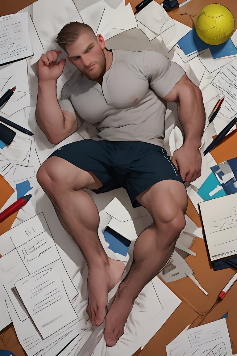 A super high-angle isometric view of the designer's concept ground, English male Shawn, a well-drawn, 25yearold handsome male with brown hair and facial hair, sits on a sheet of white paper with scribbles and notes. He looks up at the viewer from above, his head and full body visible. His striking blue eyes sparkle as he smiles, surrounded by pencils and traditional media sketches. He wears a (red soccer) shirt and decent long shorts, his arms and legs in perfect symmetry. The background features random brushstrokes on white paper, with notes and sketches scattered about. he his him flushes with freckles and prominent chin and cheekbones accentuate his masculine features, symmetric legs with realistic movement, symmetric well-drawn masculine large barefeet with perfect-toes, realistic arms at the sides movement, well-drawn hands, fair skin, shawnman