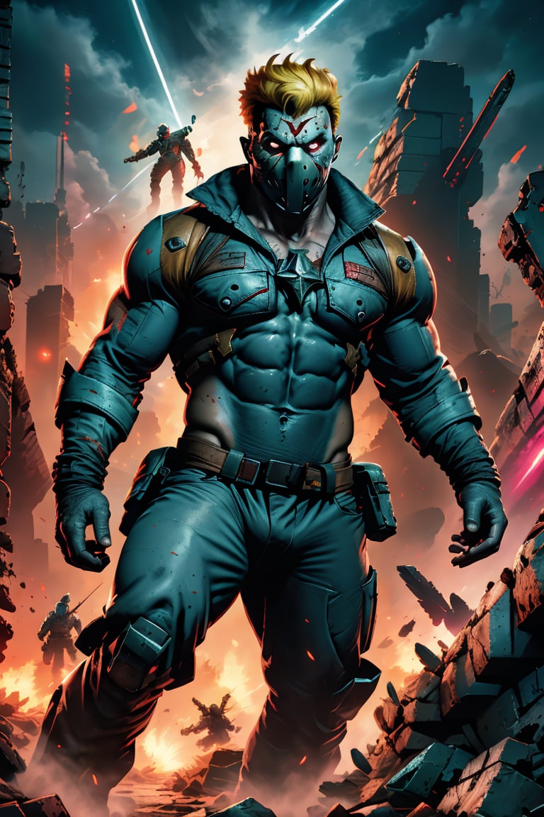 In a gritty, neon-drenched wasteland, a muscular Englishman stands defiantly, WEARING GLASS MASK and showcasing his rugged features with a BLONDE Buzz cut hairstyle. His piercing blue eyes gleam THROUGHT THE MASK, radiating determination as he dons massive MASCULINE HUGE NIJI MECHA power armor. The suit's glowing generator pulses with energy, while lasers blaze from its arms, targeting an otherworldly invasion force. Framed against a vibrant backdrop of ruins, this masculine hero assumes a dynamic combat stance, ready to take on the extraterrestrial threat amidst a sea of wreckage and neon-lit debris.