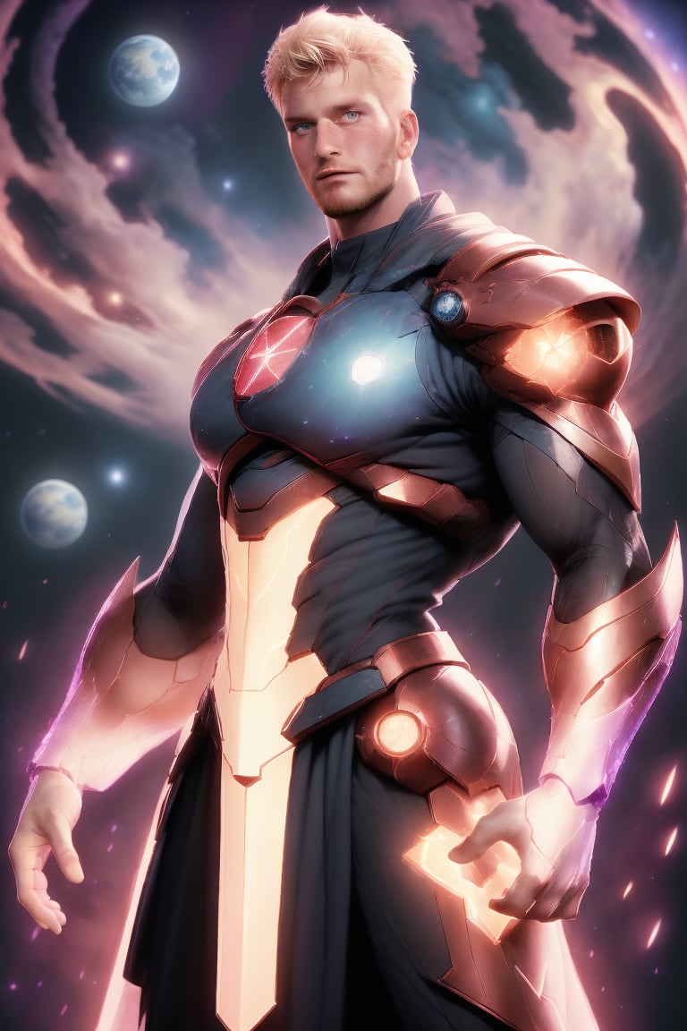 Ryder, a strong and masculine Englishman, stands tall amidst the breathtaking vista of a distant galaxy. His pale-blond hair is short and tidy, framing his piercing blue eyes as he gazes out at the stars. He wears the massive high-tech mecha power Niji armor, its glowing reactor pulsating with energy. A majestic dynamic cloak flows behind him like a river of light, illuminated by the radiant glow of nearby gamma rays. Ryder's pose is one of confident dynamism, his body language exuding a sense of power and strength as he soars through the depths of space. The nebula swirls around him like a celestial ballet, with planets and stars shining bright in the star-lit universe. The camera pans across this futuristic scene, rendered in Unreal Engine's stunning ray-tracing reflections, capturing every detail of Ryder's complex 3D masterpiece as he dominates the cosmos.