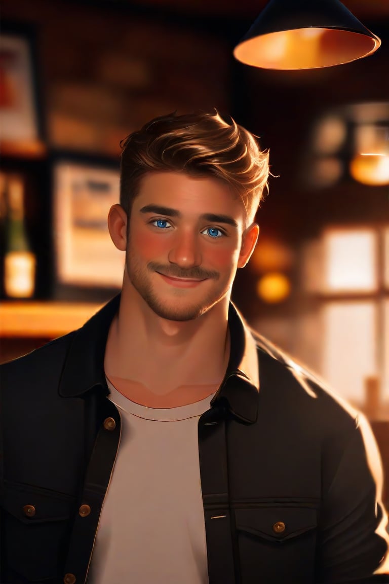 A stunning, realistic depiction of Ollie, a charming and handsome young English male, standing confidently indoors in a dimly lit pub. He wears casual attire, his short hair styled with effortless charm. A charismatic smile spreads across his face, as he gazes directly at the viewer with piercing blue eyes. A hint of blushing adds to his endearing nature, while his facial hair provides a touch of ruggedness. The surrounding environment is blurred, with only a faint outline of the pub's interior visible. The overall atmosphere is one of warmth and approachability, inviting the viewer into Ollie's world.