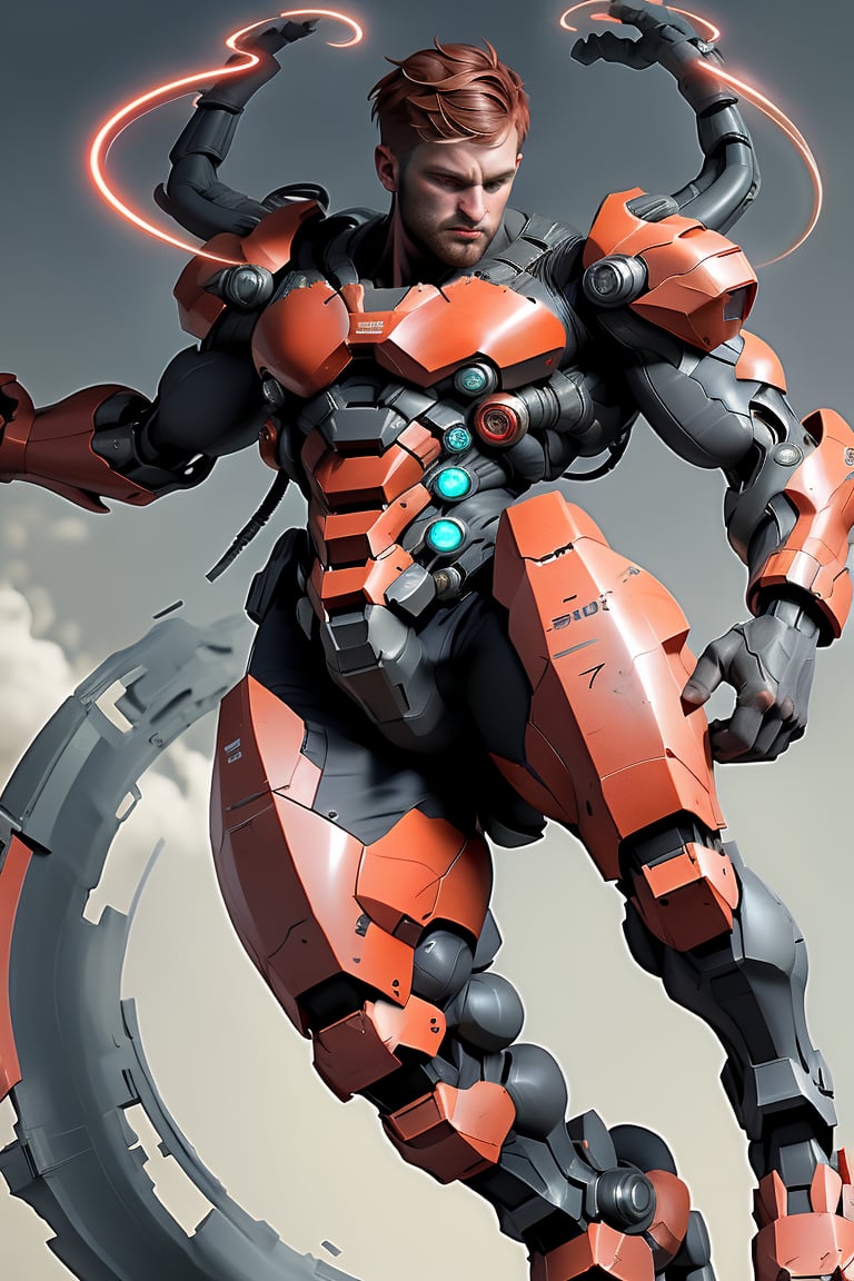 SOLO FOCUS OF ONE sHAWN the English cyborg, soars through the air in his colossal mecha armor, SHORT BROWN HAIR, FACIAL HAIR, BLUE EYES, EXTREMELY BULKY MUSCULAR,  whipping back as he banks to the side. His massive cybernetic feet leave a trail of motion blur behind him against the vibrant sky. HE HAS red and LED-patterned arms stretch outwards, cel-shaded colors shining in high-definition UHD. The suit's mechanical limbs flex with realistic movement, showcasing intricate armor plating and subtle texture on his synthetic skin.