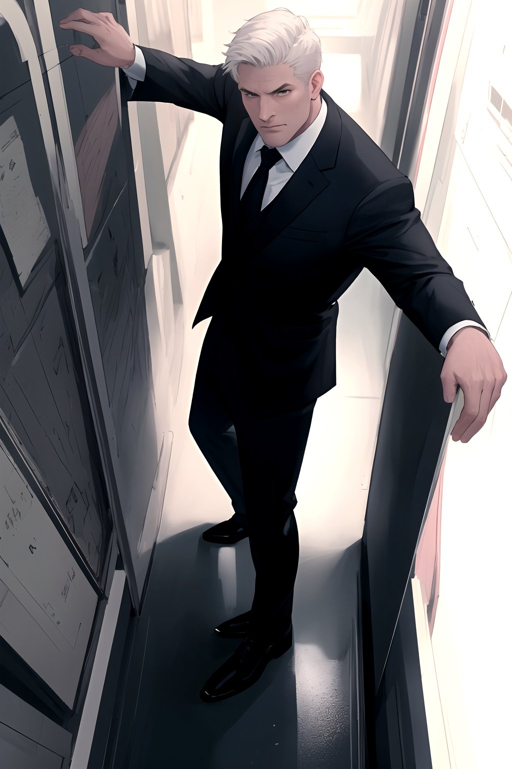 From a high angle above view, Shawn, an English man with a muscular build, gazes upwards directly at the viewer. He wears a rendered formal shirt, open jacket, and formal pants, completed by large shoes. Against an abstract office background, he strikes a dynamic pose, his full body framed in a semi-realistic illustration style. Character design elements, such as scribbled text and symbols, add visual interest around him.