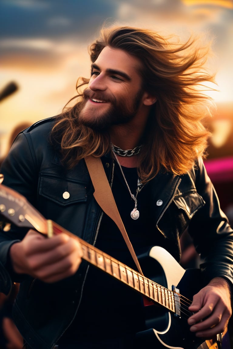 (masterpiece, only realistic, best quality), absurdperfect professional clear clean smooth sharp focus photo of a handsome masculine Welsh man called herin, he has long wavy hair flowing with the wind, long beard, wearing masculine large jacket on, wearing masculine rockstar leatherwear,  outdoors, playing electricguitar in music festival, daylight, 3d blur, faded crowd in background, exceptional professional dynamic original new newest portrait, uhd, incredibly absurdres, symmetry is excellent, vibrant, colorful, joyful, realism, 