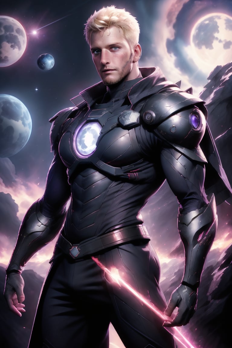 Ryder stands tall, his pale-blond hair a stark contrast to the dark, rugged armor that envelops him. Blue eyes gleam with intensity as he poses dynamically, reactor core glowing like a beacon amidst the swirling nebula. Majestic cloak billows behind him, reflecting starlight and casting an otherworldly glow. In the depths of space, planets and stars twinkle like diamonds against the galaxy's canvas. Gamma rays pulse through his armor, illuminating the futuristic landscape. With Unreal Engine's advanced rendering, ray-tracing reflections dance across his power suit, as Ryder soars through the cosmos, a 3D masterpiece of scifi action.