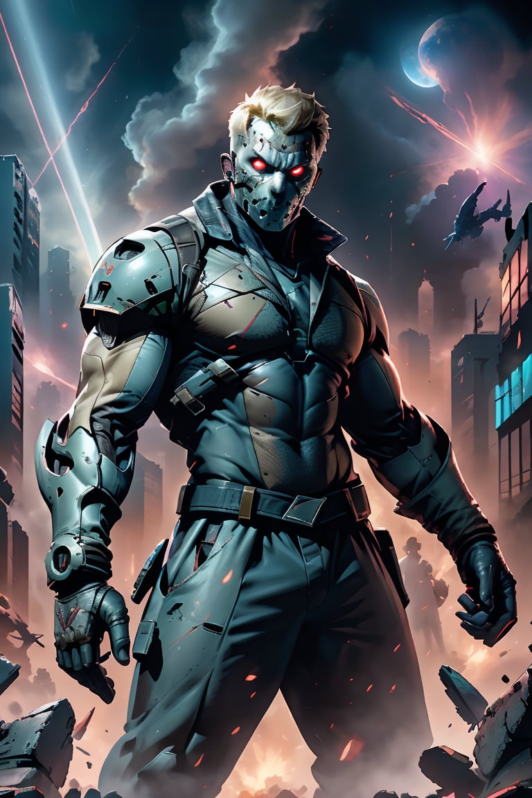 In a dystopian landscape of ravaged skyscrapers and twisted metal debris, a hulking Englishman stands resolute, his angular features accentuated by the blonde buzz cut hairstyle beneath the glass mask. The piercing blue eyes gleam through the mask with unwavering determination as he dons the massive, winged Niijima mech power armor, its pulsing energy generator casting an aura of intensity. Lasers blaze from the suit's arms, targeting a swirling horde of extraterrestrial invaders. Amidst a kaleidoscope backdrop of neon-lit ruins, this masculine hero assumes a dynamic combat stance, poised to confront the intergalactic threat head-on.