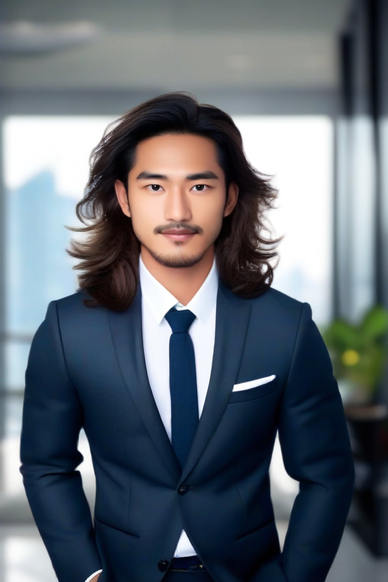 (masterpiece, only realistic, photo, best quality), phot of handsome man, wearing formal clothes in style while focused in the modern office, LONG MESSY WAVY HAIR, BEARD, ASIAN, highres image scan, exceptional professional smooth clear clean photo, realism, vibrant, colorful, matte, shallow depth of field, 70mm, extremely perfect,