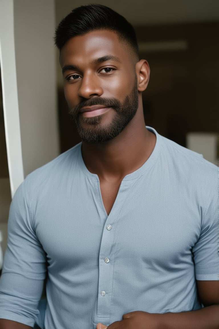 A stunning portrait of a stylish man with dark skin and short hair, sporting a well-groomed beard. He's dressed in modern, trendy attire that exudes masculinity. Framed against the backdrop of an art workshop, he's lost in creative expression, a smile of happiness spread across his face. The shallow depth of field isolates him from the surroundings, drawing focus to his confident demeanor. Softly lit with a matte finish, this high-resolution masterpiece radiates artistic excellence and originality.