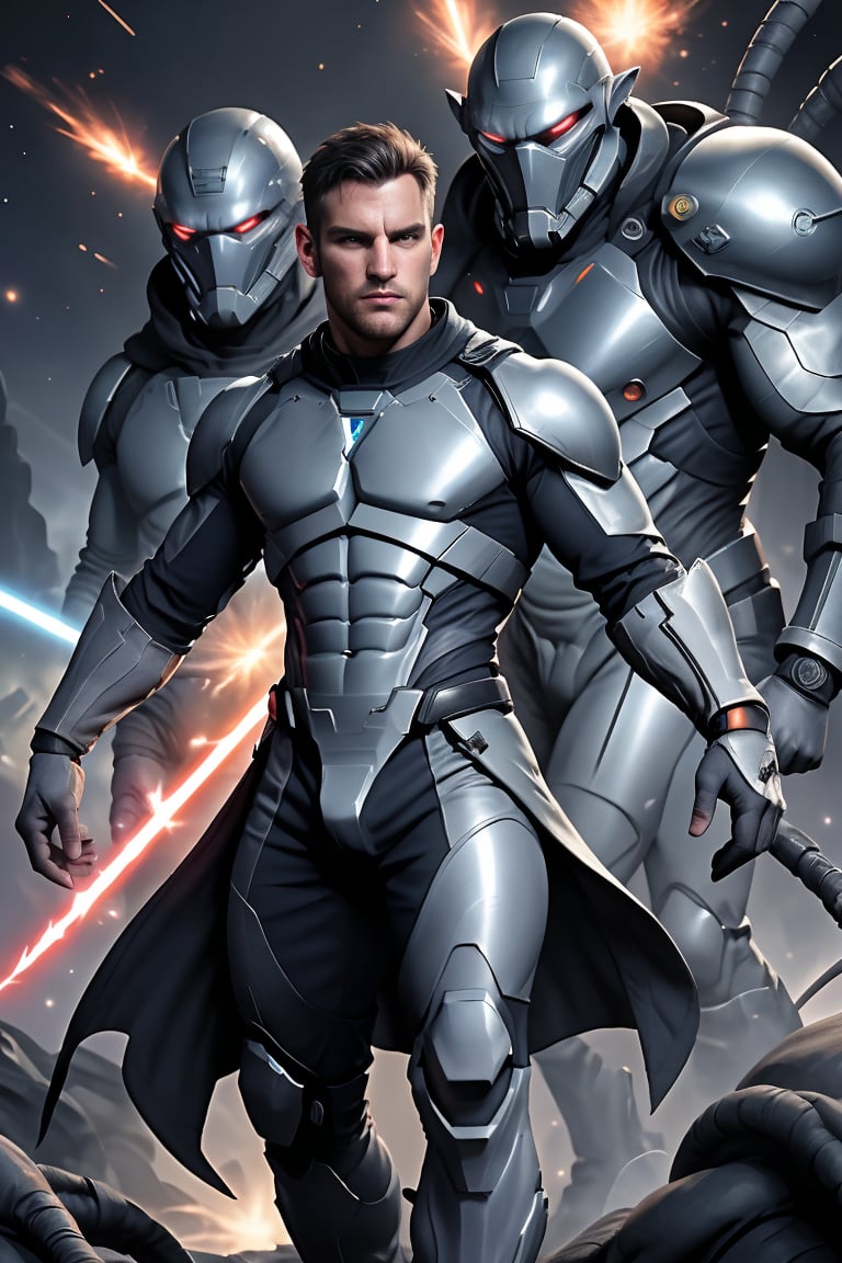 A futuristic Englishman, clad in metallic armor, stands defiantly amidst a swirling vortex of stars and galaxies as he wages war against a behemothous, tentacled alien monstrosity. High-definition details reveal every crease on his determined face and the intricate circuitry on his suit. Visible sparks crackle through the air as their lightsaber-like appendages clash in a kaleidoscope of colorful, vibrant hues.