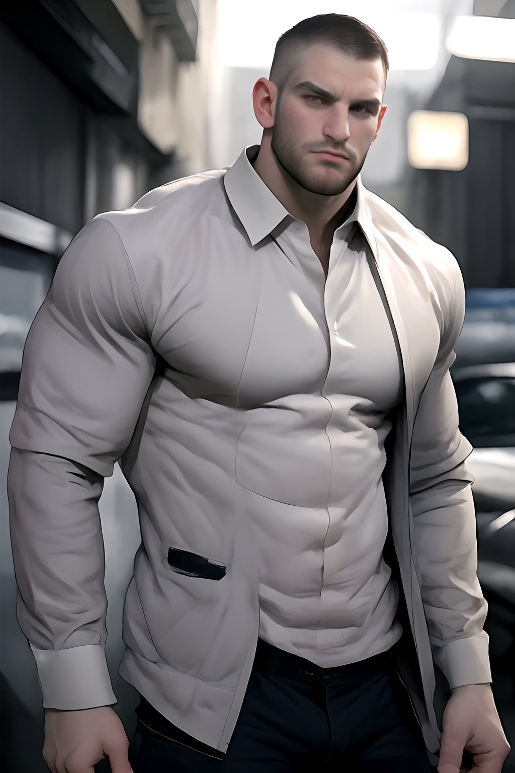 Shawn, the English man with a strong masculine presence, stands confidently from a high angle above view. He wears a rendered formal shirt with an open jacket, paired with formal pants and large shoes, exuding a sense of authority. Against an abstract office background with semi-realistic textures, Shawn's muscular physique is highlighted as he looks directly up at the viewer. His dynamic pose fills the frame, drawing attention to his character design. In the foreground, scribbled text and symbols add an air of mystery and creativity to this illustration, placing the focus squarely on the charismatic subject.