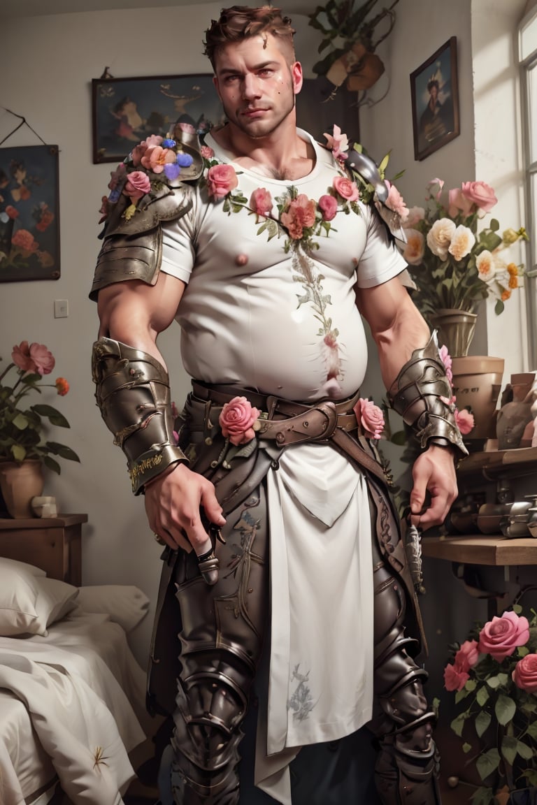 full armor, wearing well-rendered floral armored, armor, 1man, must be (pink) intricate bedroom background, roses, poetic, wearing mini white skirt, slender boy , plump, shy face  , dark hair , cute face , brown eyes, man body, sweaty body , sexy face, pink florest backwards , Greek skirt , full male body, male  ,flower4rmor,thicc , intricate details , vibrant smooth clear clean creative masterpiece, softglow effect, highres image scan, associated press,battoujutsu , well-drawn hands and fingers ,b33rb3lly