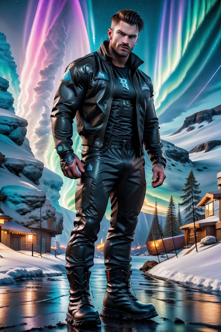 masterpiece, perfect image of a man, masculine, muscular, wearing nylon jacket, black shirt on, rambo pants on, boots, waking on the ice and snow, snowing, aurora boreal, cold atmosphere, dynamic, colorful, realistic, majestic, exceptional, jaeggernawt