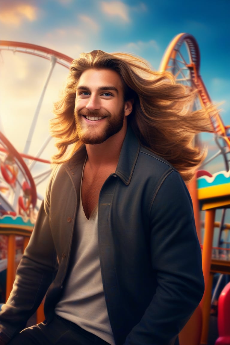 (masterpiece, only realistic, best quality), absurdperfect professional clear clean smooth sharp focus photo of a handsome masculine Welsh man called herin, he has long wavy hair flowing with the wind, long beard, wearing masculine large jacket on, wearing masculine casual wear, outdoors, in a rollercoaster, 3d blur, amusement park, sky, exceptional professional dynamic original new newest portrait, uhd, incredibly absurdres, symmetry is excellent, vibrant, colorful, joyful, realism, 