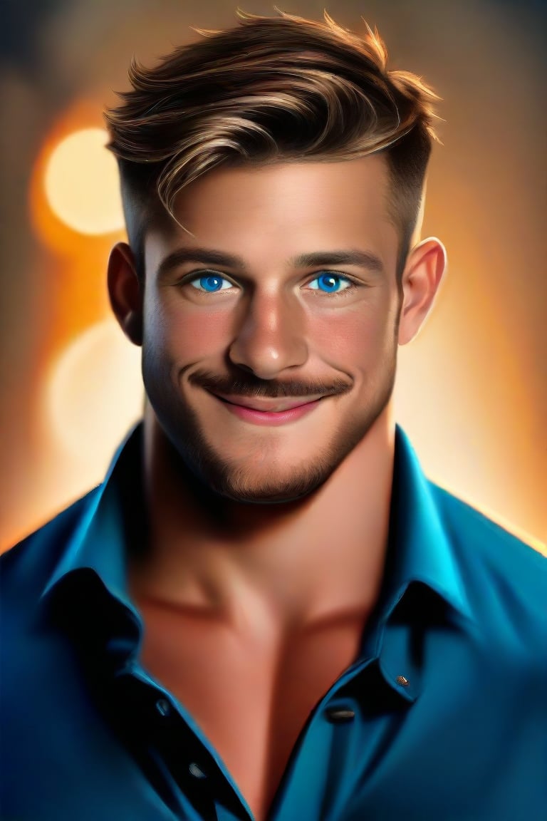 Here is a prompt that captures the essence of your request:

Capture the exceptional masterpiece of Ollie, a mature and handsome English male, in a realistic professional portrait. He stands confidently looking at the viewer with his piercing blue eyes, sporting short hair and facial hair. A charismatic smile spreads across his face as he blushes slightly. Dressed in casual attire, Ollie exudes charm and masculinity. Against a faded background, the focus is on him, with a shallow depth of field creating a beautiful bokeh effect. The image is rendered in stunning UHD, boasting epic detail and realism. A true work of art, this portrait is alive with vivid colors and textures, making it an original masterpiece that demands attention.