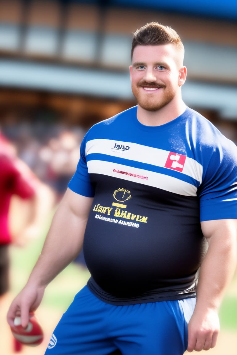 Ollie, a plump and handsome English man, blushing brightly, flashes his charismatic smile as he celebrates with teammates at the pub. His brown facial hair and short hair frame his bright blue eyes. He wears a rugby shirt and shorts, amidst a crowd of cheering mates in the faded background. The lighting is warm and vibrant, with intricate details and depth of field creating a highly-realistic masterpiece. The atmosphere is super fun and original, with a matte finish that pops with colorful joy.