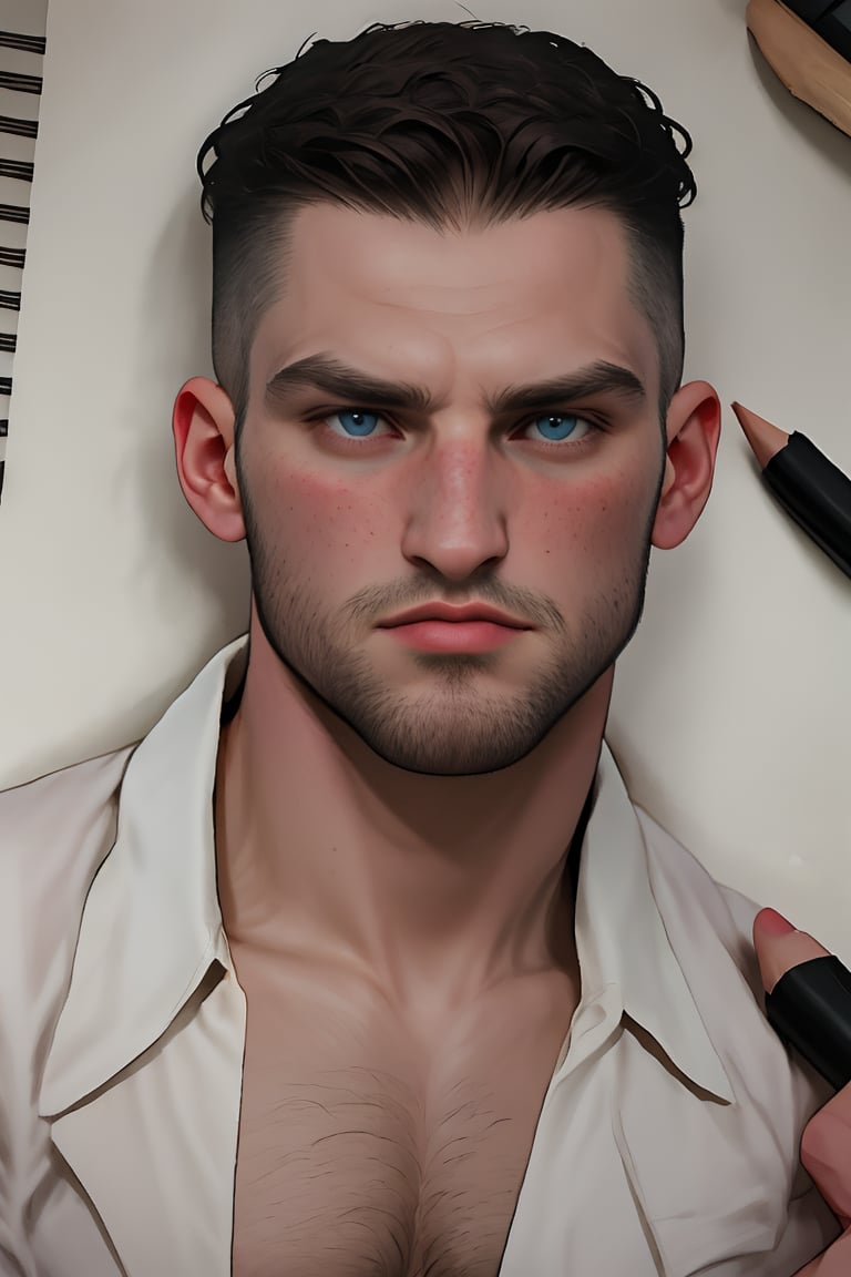 A super high-angle isometric view of the designer's concept ground, English male Shawn, a well-drawn, 25yearold handsome male with brown hair and facial hair, sits on a sheet of white paper with scribbles and notes. He looks up at the viewer from above, his head and full body visible. His striking blue eyes sparkle as he smiles, surrounded by pencils and traditional media sketches. He wears a (red soccer) shirt and decent long shorts, his arms and legs in perfect symmetry. The background features random brushstrokes on white paper, with notes and sketches scattered about. he his him flushes with freckles and prominent chin and cheekbones accentuate his masculine features, symmetric legs with realistic movement, symmetric well-drawn masculine large barefeet with perfect-toes, realistic arms at the sides movement, well-drawn hands, fair skin, shawnman