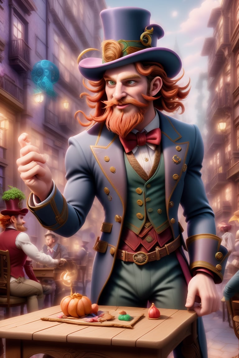 Herin, a rugged Welsh magician, sports a fiery beard and windswept hair as he conjures tricks at a bustling Victorian streetside table. Dapper in his top hat and cape, his eyes sparkle with focus and fun amidst the vibrant, high-res backdrop of a colorful street scene. Rendered in Renderman Engine's finest detail, Herin's intricate trickery is set against a faded cityscape, where Victorian-era pedestrians weave through the scenery, their faces aglow with wonder. The air pulses with magical energy, as joy and creativity radiate from this whimsical, original setting.