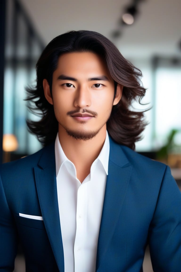 (masterpiece, only realistic, photo, best quality), photo of a masculine handsome man, wearing formal clothes in style while focused in the modern office, LONG MESSY WAVY HAIR, BEARD, ASIAN, highres image scan, exceptional professional smooth clear clean photo, realism, vibrant, colorful, matte, shallow depth of field, 70mm, extremely perfect, tall, muscular, 