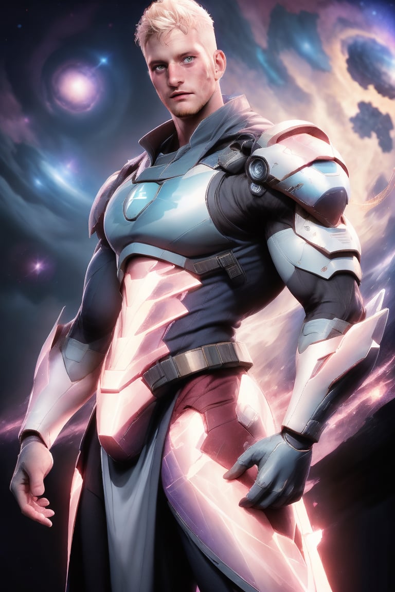 Ryder stands triumphantly in the depths of space, his pale-blond hair cropped short as he gazes out at the swirling nebula. His blue eyes shine like beacons against the starlit universe, illuminated by the radiant glow of his mecha power suit's reactor. The majestic dynamic cloak flows behind him like a river of energy, as gamma rays course through his armor. With one hand grasping the armrest, Ryder assumes a powerful stance, his body flexed in a pose that exudes confidence and strength. Against the backdrop of distant planets and galaxies, his futuristic form is rendered with breathtaking detail, utilizing Unreal Engine's advanced ray-tracing reflections to create an awe-inspiring 3D masterpiece.