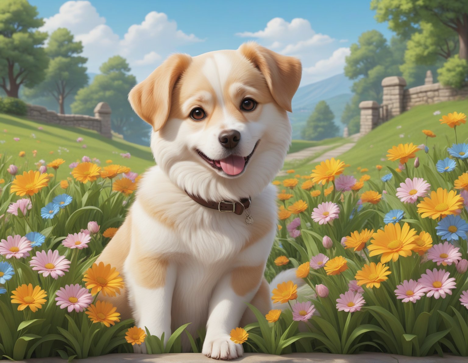 cute cartoon character, dog enjoying springtime flowers, (((masterpiece))),(best quality)