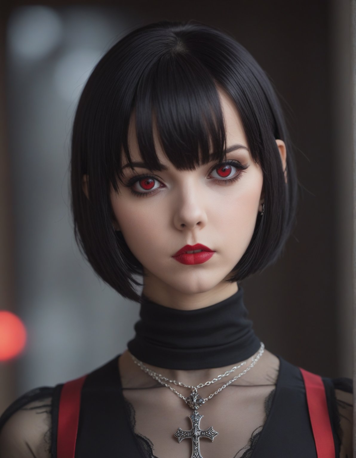  gthan, dtldr, gothic, 1girl, solo, short hair, black hair, jewelry, looking at viewer, necklace, cross, portrait, bangs, red eyes, closed mouth, turtleneck, blurry background, cross necklace, lips, piercing, blurry, bob cut