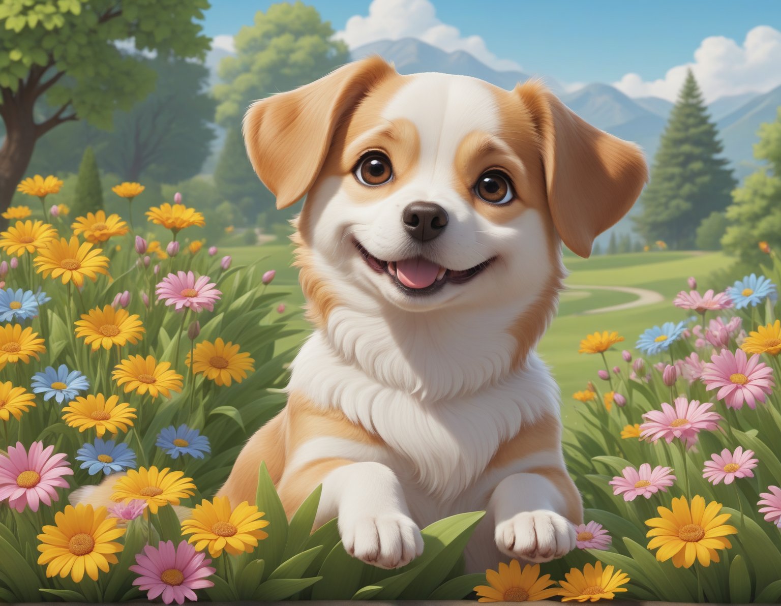 cute cartoon character, dog enjoying springtime flowers, (((masterpiece))),(best quality)