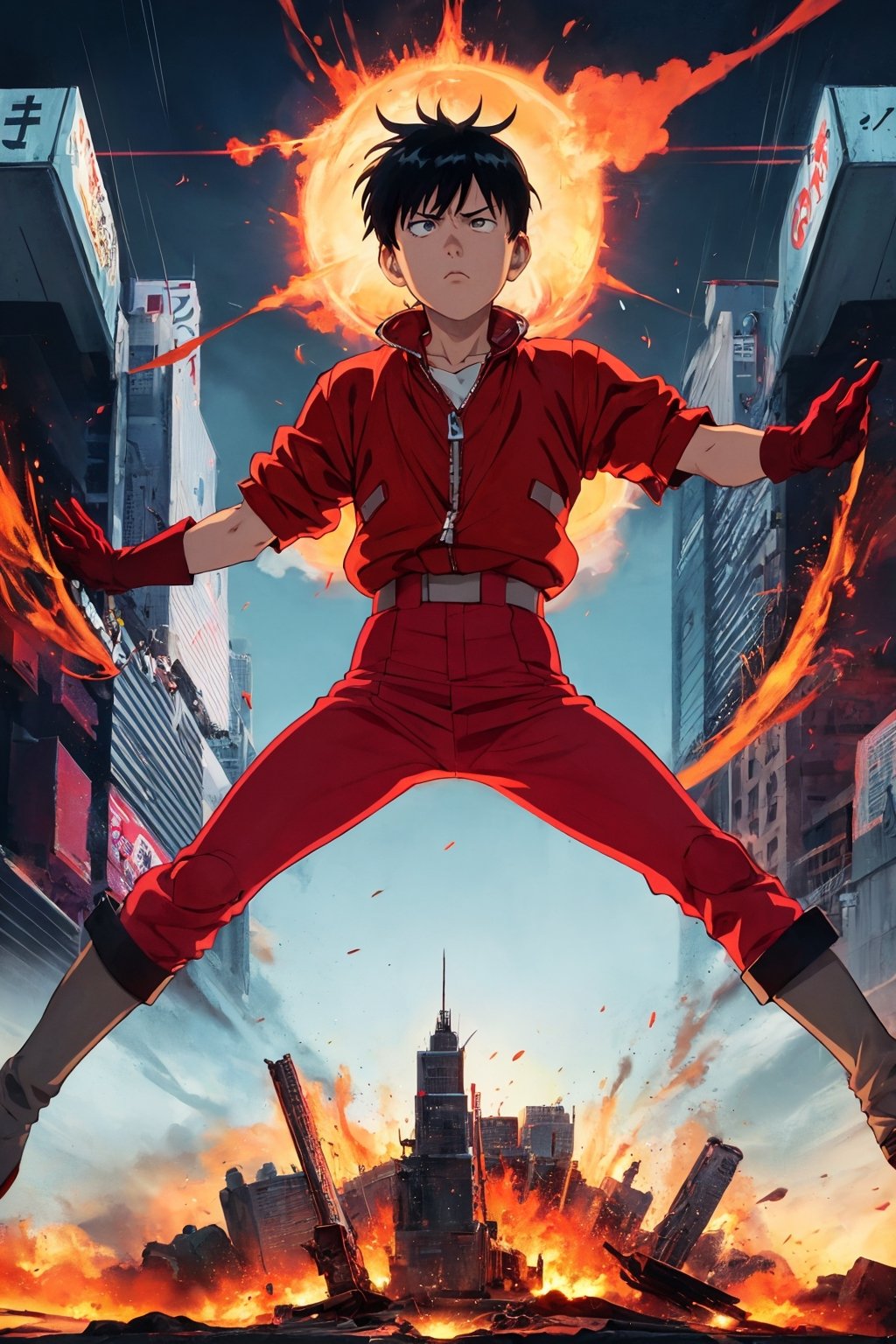 kaneda from akira movie poster, red clothing, gloves, epic scene, anime style, movie scene, 4k, epic