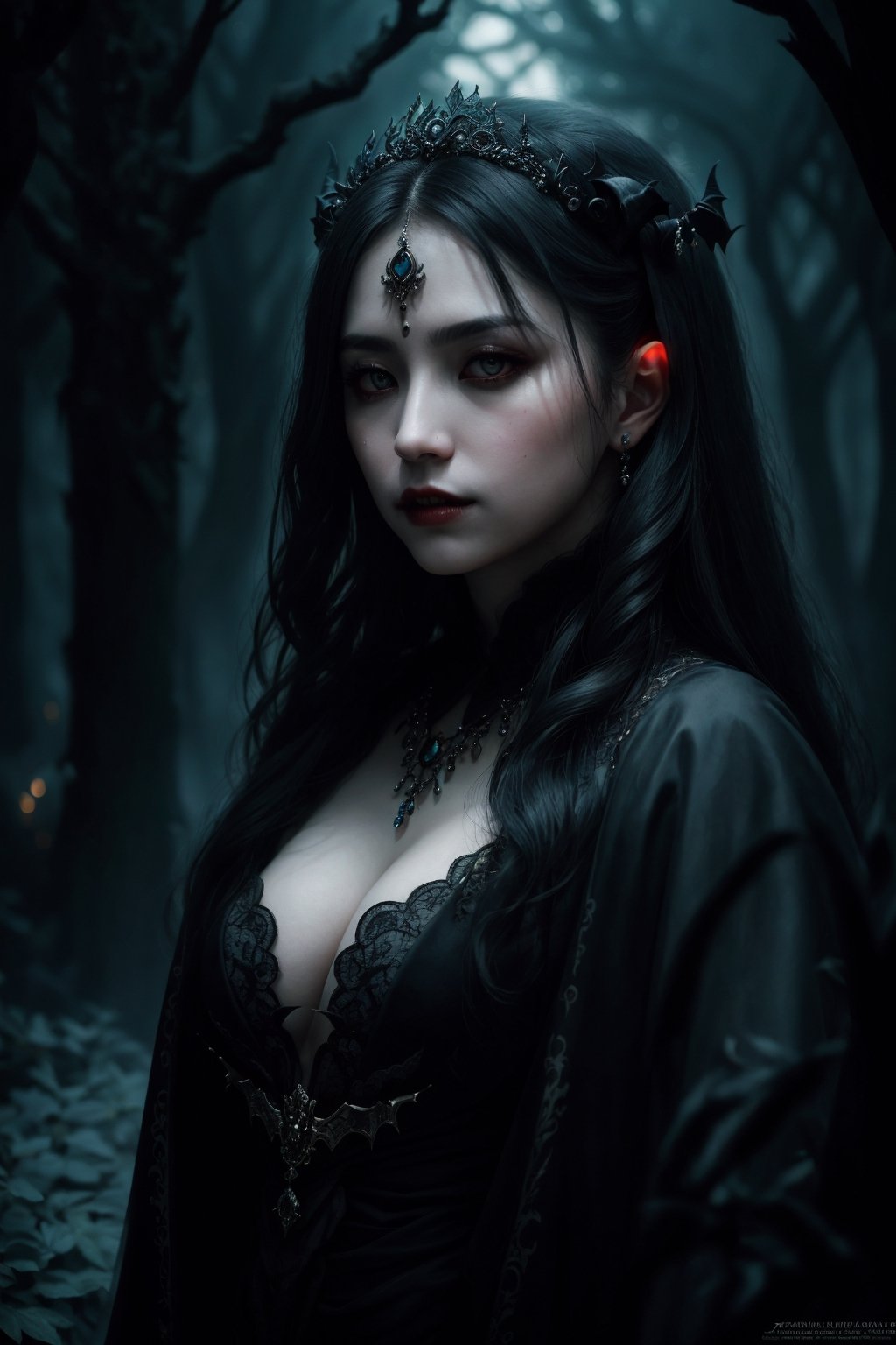 Vampire Queen, backlit, intricate details, highly detailed, slate atmosphere, cinematic, dimmed colors, dark shot, muted colors, film grain, lut, spooky, depth blur, blurry background dof, bokeh, realistic, realistic skin,ojou-sama pose